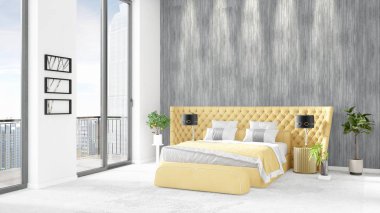 Yepyeni beyaz çatı katı yatak odası en az stil iç tasarım boşaltmak duvar ve görünümü penceresi dışında. 3D render.