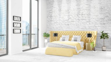 Yepyeni beyaz çatı katı yatak odası en az stil iç tasarım boşaltmak duvar ve görünümü penceresi dışında. 3D render.