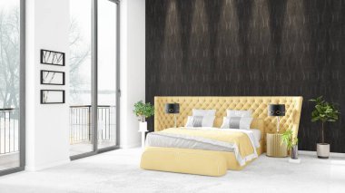 Yepyeni beyaz çatı katı yatak odası en az stil iç tasarım boşaltmak duvar ve görünümü penceresi dışında. 3D render.