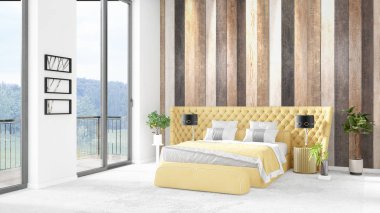 Yepyeni beyaz çatı katı yatak odası en az stil iç tasarım boşaltmak duvar ve görünümü penceresi dışında. 3D render.