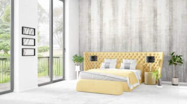Yepyeni beyaz çatı katı yatak odası en az stil iç tasarım boşaltmak duvar ve görünümü penceresi dışında. 3D render.