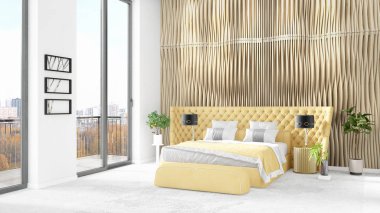 Yepyeni beyaz çatı katı yatak odası en az stil iç tasarım boşaltmak duvar ve görünümü penceresi dışında. 3D render.