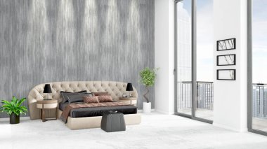 Yepyeni beyaz çatı katı yatak odası en az stil iç tasarım boşaltmak duvar ve görünümü penceresi dışında. 3D render.