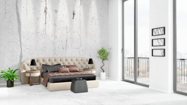 Yepyeni beyaz çatı katı yatak odası en az stil iç tasarım boşaltmak duvar ve görünümü penceresi dışında. 3D render.