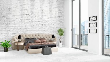 Yepyeni beyaz çatı katı yatak odası en az stil iç tasarım boşaltmak duvar ve görünümü penceresi dışında. 3D render.