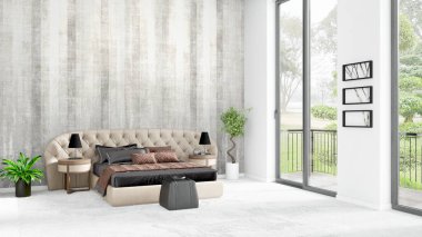 Yepyeni beyaz çatı katı yatak odası en az stil iç tasarım boşaltmak duvar ve görünümü penceresi dışında. 3D render.