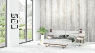 Yepyeni beyaz çatı katı yatak odası en az stil iç tasarım boşaltmak duvar ve görünümü penceresi dışında. 3D render.