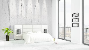 Yepyeni beyaz çatı katı yatak odası en az stil iç tasarım boşaltmak duvar ve görünümü penceresi dışında. 3D render.