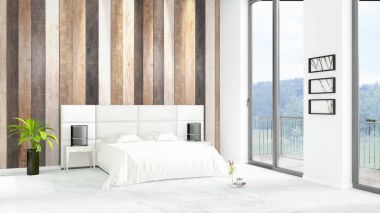 Yepyeni beyaz çatı katı yatak odası en az stil iç tasarım boşaltmak duvar ve görünümü penceresi dışında. 3D render.