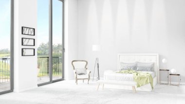Yepyeni beyaz çatı katı yatak odası en az stil iç tasarım boşaltmak duvar ve görünümü penceresi dışında. 3D render.