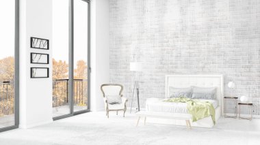 Yepyeni beyaz çatı katı yatak odası en az stil iç tasarım boşaltmak duvar ve görünümü penceresi dışında. 3D render.