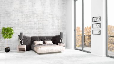 Yepyeni beyaz çatı katı yatak odası en az stil iç tasarım boşaltmak duvar ve görünümü penceresi dışında. 3D render.