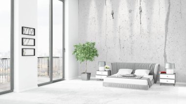 Yepyeni beyaz çatı katı yatak odası en az stil iç tasarım boşaltmak duvar ve görünümü penceresi dışında. 3D render.