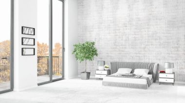 Yepyeni beyaz çatı katı yatak odası en az stil iç tasarım boşaltmak duvar ve görünümü penceresi dışında. 3D render.