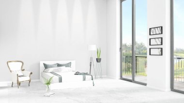 Yepyeni beyaz çatı katı yatak odası en az stil iç tasarım boşaltmak duvar ve görünümü penceresi dışında. 3D render.