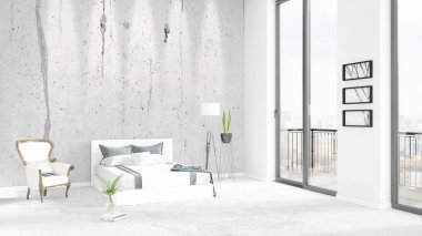 Yepyeni beyaz çatı katı yatak odası en az stil iç tasarım boşaltmak duvar ve görünümü penceresi dışında. 3D render.