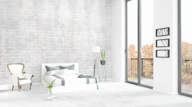 Yepyeni beyaz çatı katı yatak odası en az stil iç tasarım boşaltmak duvar ve görünümü penceresi dışında. 3D render.