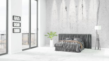 Yepyeni beyaz çatı katı yatak odası en az stil iç tasarım boşaltmak duvar ve görünümü penceresi dışında. 3D render.