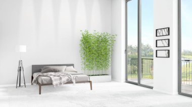 Yepyeni beyaz çatı katı yatak odası en az stil iç tasarım boşaltmak duvar ve görünümü penceresi dışında. 3D render.