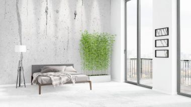 Yepyeni beyaz çatı katı yatak odası en az stil iç tasarım boşaltmak duvar ve görünümü penceresi dışında. 3D render.