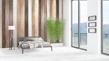 Yepyeni beyaz çatı katı yatak odası en az stil iç tasarım boşaltmak duvar ve görünümü penceresi dışında. 3D render.