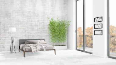Yepyeni beyaz çatı katı yatak odası en az stil iç tasarım boşaltmak duvar ve görünümü penceresi dışında. 3D render.