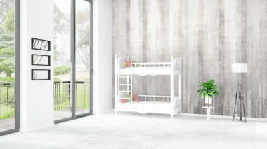 Yepyeni beyaz çatı katı yatak odası en az stil iç tasarım boşaltmak duvar ve görünümü penceresi dışında. 3D render.