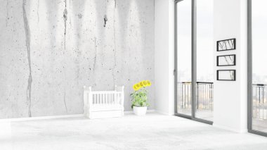 Yepyeni beyaz çatı katı yatak odası en az stil iç tasarım boşaltmak duvar ve görünümü penceresi dışında. 3D render.