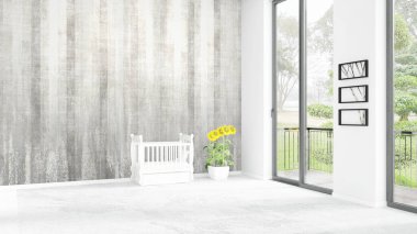 Yepyeni beyaz çatı katı yatak odası en az stil iç tasarım boşaltmak duvar ve görünümü penceresi dışında. 3D render.