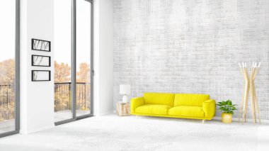 Yepyeni beyaz çatı katı yatak odası en az stil iç tasarım boşaltmak duvar ve görünümü penceresi dışında. 3D render.