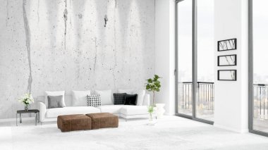 Yepyeni beyaz çatı katı yatak odası en az stil iç tasarım boşaltmak duvar ve görünümü penceresi dışında. 3D render.