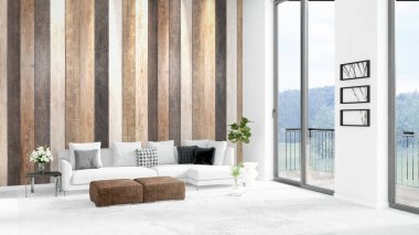 Yepyeni beyaz çatı katı yatak odası en az stil iç tasarım boşaltmak duvar ve görünümü penceresi dışında. 3D render.