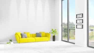 Yepyeni beyaz çatı katı yatak odası en az stil iç tasarım boşaltmak duvar ve görünümü penceresi dışında. 3D render.