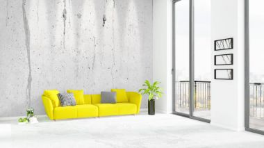 Yepyeni beyaz çatı katı yatak odası en az stil iç tasarım boşaltmak duvar ve görünümü penceresi dışında. 3D render.