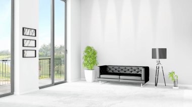 Yepyeni beyaz çatı katı yatak odası en az stil iç tasarım boşaltmak duvar ve görünümü penceresi dışında. 3D render.