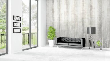 Yepyeni beyaz çatı katı yatak odası en az stil iç tasarım boşaltmak duvar ve görünümü penceresi dışında. 3D render.