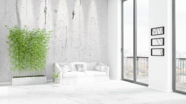 Yepyeni beyaz çatı katı yatak odası en az stil iç tasarım boşaltmak duvar ve görünümü penceresi dışında. 3D render.