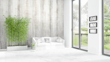 Yepyeni beyaz çatı katı yatak odası en az stil iç tasarım boşaltmak duvar ve görünümü penceresi dışında. 3D render.