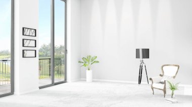 Yepyeni beyaz çatı katı yatak odası en az stil iç tasarım boşaltmak duvar ve görünümü penceresi dışında. 3D render.