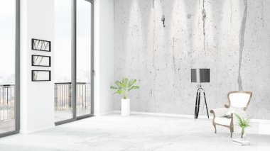 Yepyeni beyaz çatı katı yatak odası en az stil iç tasarım boşaltmak duvar ve görünümü penceresi dışında. 3D render.