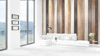 Yepyeni beyaz çatı katı yatak odası en az stil iç tasarım boşaltmak duvar ve görünümü penceresi dışında. 3D render.