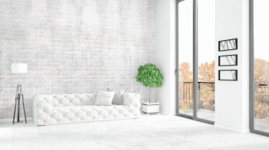 Yepyeni beyaz çatı katı yatak odası en az stil iç tasarım boşaltmak duvar ve görünümü penceresi dışında. 3D render.