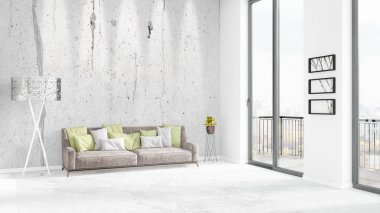 Yepyeni beyaz çatı katı yatak odası en az stil iç tasarım boşaltmak duvar ve görünümü penceresi dışında. 3D render.