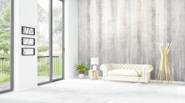 Yepyeni beyaz çatı katı yatak odası en az stil iç tasarım boşaltmak duvar ve görünümü penceresi dışında. 3D render.