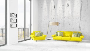 Yepyeni beyaz çatı katı yatak odası en az stil iç tasarım boşaltmak duvar ve görünümü penceresi dışında. 3D render.