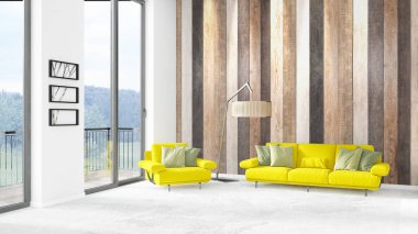 Yepyeni beyaz çatı katı yatak odası en az stil iç tasarım boşaltmak duvar ve görünümü penceresi dışında. 3D render.