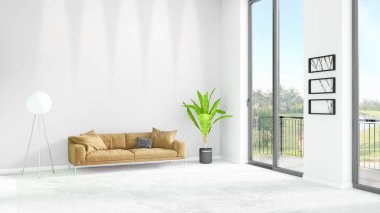 Yepyeni beyaz çatı katı yatak odası en az stil iç tasarım boşaltmak duvar ve görünümü penceresi dışında. 3D render.