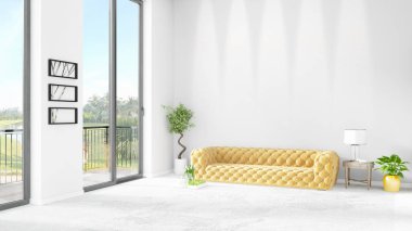 Yepyeni beyaz çatı katı yatak odası en az stil iç tasarım boşaltmak duvar ve görünümü penceresi dışında. 3D render.