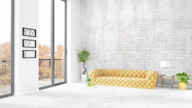 Yepyeni beyaz çatı katı yatak odası en az stil iç tasarım boşaltmak duvar ve görünümü penceresi dışında. 3D render.