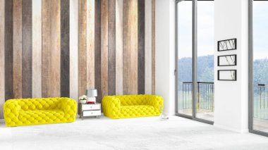 Yepyeni beyaz çatı katı yatak odası en az stil iç tasarım boşaltmak duvar ve görünümü penceresi dışında. 3D render.